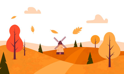 Autumn Landscape. Flat style. Fall trees, leaves, windmill. Vector