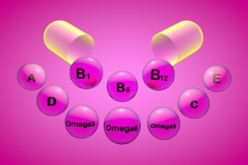 Open capsule with essential vitamin pills on pink background. Vitamin and mineral complex. Healthy life concept. Medical background. 3d illustration