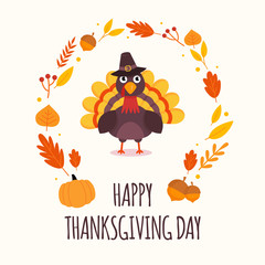 Happy Thanksgiving day. Cute turkey with autumn leaves and pumpkin. Flat style. Vector