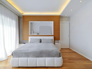 modern bedroom interior with wooden floor