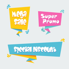 Collection of Sale Discount Styled Banners, ribbon, Emblems, Labels, Tags, ribbon. Flat design.