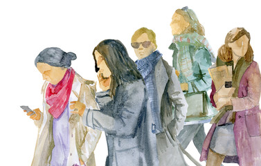 Watercolor sketch. A group of young women in winter clothes goes