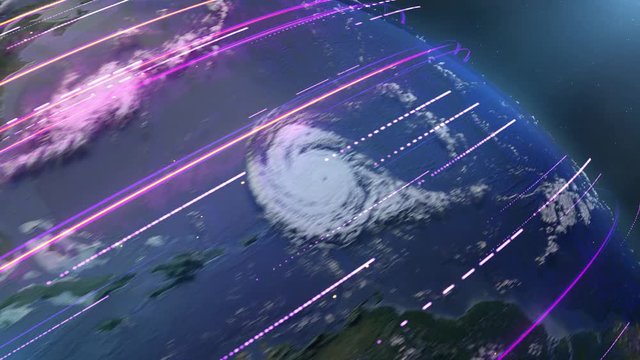 3d render Earth planet rotation animation with motion blur and light trails and particles that moves around the globe. Loopable footage.
