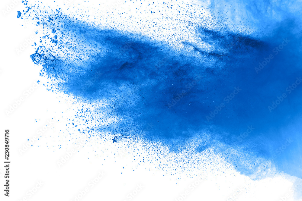 Wall mural bizarre forms of blue powder explode cloud on background. launched blue dust particles splash on whi