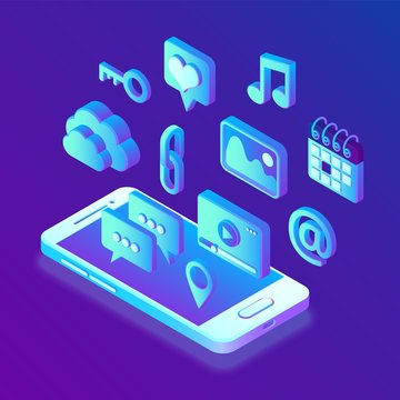 Social media apps on a smartphone. Social media 3d isometric icons. Mobile apps. Created For Mobile, Web, Decor, Application. Perfect for web design, banner and presentation. Vector Illustration.