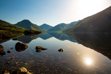 A sunrise view looking down wastwater the lake district, to the great gable and kirk fell