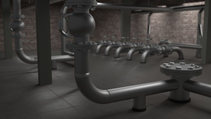 Large industrial boiler, pipes and valves room 3d illustration