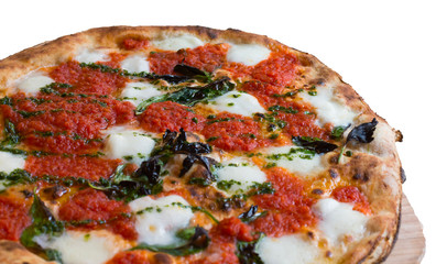 Delicious classic italian Pizza with tomatoes, mozzarella, basil isolated on white background