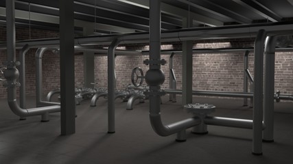 Large industrial boiler, pipes and valves room 3d illustration