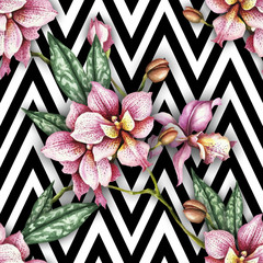 Seamless pattern with watercolor orchid flowers on abstract white black geometric background. - 230851320