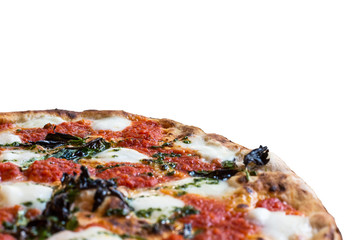 Delicious classic italian Pizza with tomatoes, mozzarella, basil isolated on white background