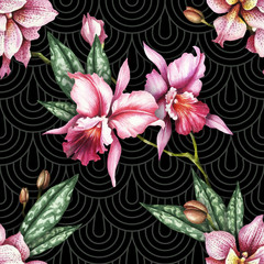 Seamless pattern with watercolor orchid flowers on abstract background.