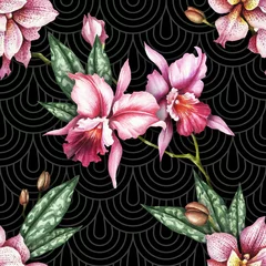 Fototapete Orchidee Nahtloses Muster mit Aquarellorchideenblumen auf abstraktem Hintergrund.