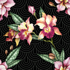 Seamless pattern with watercolor orchid flowers on abstract background.