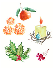 Christmas design set with spruce branches, tangerine, candle and holly berries. Holiday design elements isolated in hand drawn watercolor style on white.