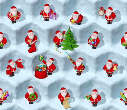 Christmas isometric seamless creative pattern. Smiling funny charming plump Santa Clauses with classic festive attributes and symbols. Merry Christmas wallpaper or New Year backdrop