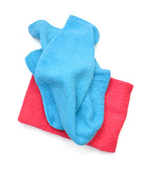 colorful stacked bathroom towels on a white background