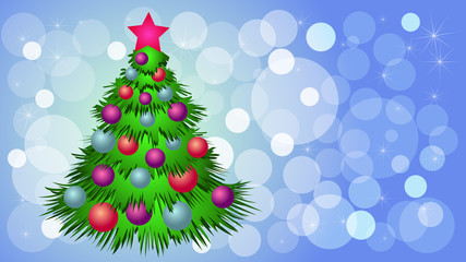 Christmas tree with balls and star on light blue background.