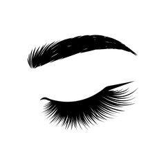 Black lashes. Woman eyes with long eyelashes, vector illustration. Eyelashes and eyebrows on white background. Сoncept of eyelash extensions, microblading, mascara, beauty salon. Beauty and Fashion.