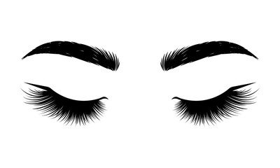 Black lashes. Woman eyes with long eyelashes, vector illustration. Eyelashes and eyebrows on white background. Сoncept of eyelash extensions, microblading, mascara, beauty salon. Beauty and Fashion.