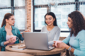 Professional cooperation. Positive nice women sitting around the laptop while working together