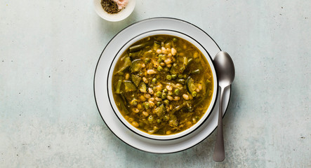 banner of gluten free green minestrone with cannellini beans. on the table with spices and arugula pesto. Traditional Italian Tuscan soup. healthy food for the whole family on the blue table