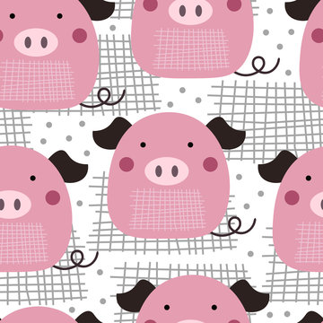 Cute new year 2019 symbol pink pig pattern. Cartoon style for children,kids and nursery. Home decor design for fabric,posters and textile,