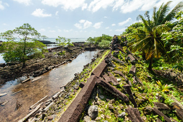 Walls and canals of Nandowas part of Nan Madol - overgrown prehistoric ruined stone city, palms....
