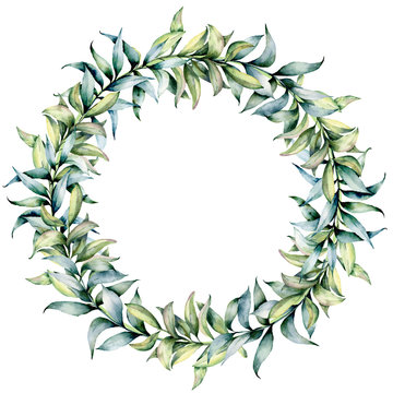 Watercolor wreath with winter plant. Hand painted Christmas wreath with eucalyptus branch and leaves isolated on white background. Holiday illustration for design, print or background.