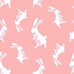 white rabbits on a pink background seamless vector pattern
