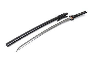 Japanese sword steel fitting and black cord with shiny black scabbard on white background.