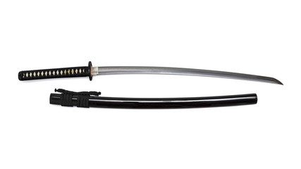 Japanese sword steel fitting and black cord with shiny black scabbard on white background.