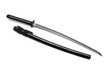 Japanese sword steel fitting and black cord with shiny black scabbard on white background.