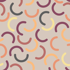 Memphis style. Arc. Seamless pattern. Multicolored. Half circles. Orange, burgundy; yellow; gray;