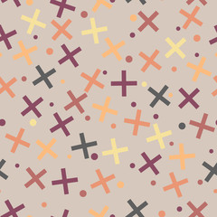 Memphis style seamless pattern. Crosses and points.  Warm colors