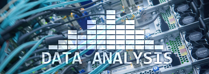 Big Data analysis text on server room background. Internet and modern technology concept.