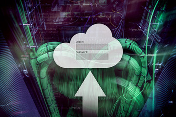 Cloud storage, data access, login and password request window on server room background. Internet...
