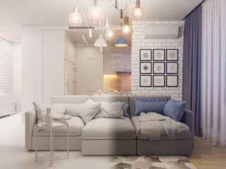 3d illustration living room and kitchen interior design.