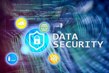 Data security, cyber crime prevention, Digital information protection. Lock icons and server room background.