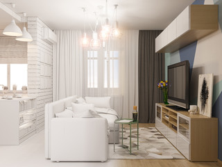 Fototapeta premium 3d illustration living room and kitchen interior design