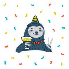 Animal party. Lazy sloth party. Cute sloth with champagne © ✦ Bizarre Factory ✦
