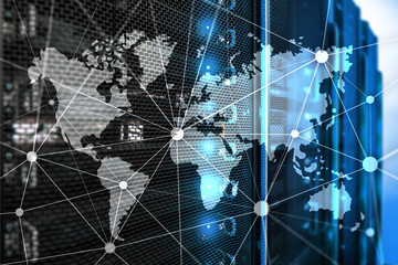 World map with communication network on server room background.