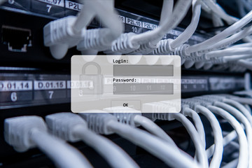Server room, login and password request, data access and security.