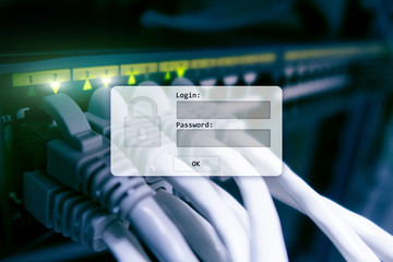 Server room, login and password request, data access and security.