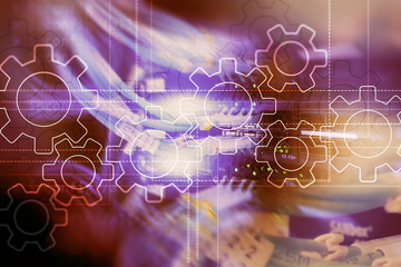 Obraz premium Gears mechanism, digital transformation, data integration and digital technology concept.