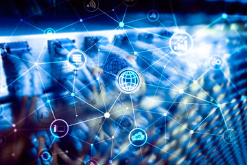 ICT - information and telecommunication technology and IOT - internet of things concepts. Diagrams with icons on server room backgrounds.