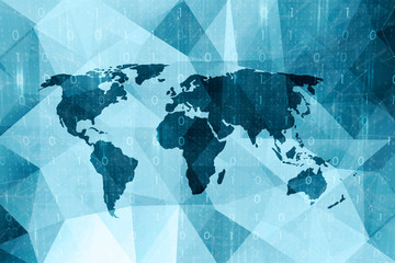 Artistic blue colored world map with computer binary numbers illustration background.