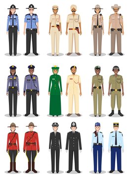 The concept of international police. Set of different detailed illustrations of sheriff, gendarme and policewoman and policeman in a flat style on white background. Vector illustration.