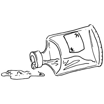 Medical vial with medicine. Inverted glass jar. Lliquid flows out of the can. Vector illustration of a glass jar with a puta label. Hand drawn vial with a liquid.