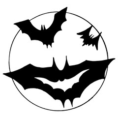 black and white vector image of bats on the background of the moon